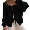 PRETTYGARDEN Women's Tie Front Bow Cardigan Sweaters Chunky Knit Long Puff Sleeve Trendy Fall Winter Jacket Coats (Black,X-Large)