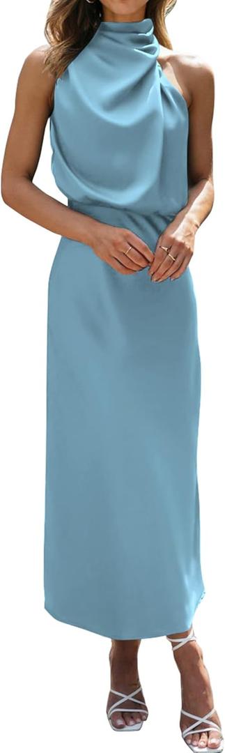 BTFBM Women's Sleeveless Cocktail Dresses Mock Neck Keyhole Elastic High Waist Wedding Guest Evening Party Maxi Dress(Solid Light Blue, X-Large)