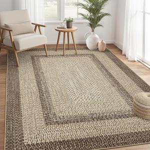 RUGSREAL Boho Rug 4x6 Bedroom Machine Washable Rug Braided Print Floor Cover Dining Room Throw Carpet with Rubber Backing Farmhouse Rustic Accent Rug for Living Room Home Decor, Camel