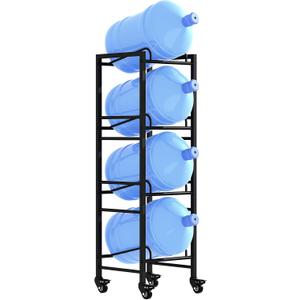 Heavy Duty 4 Tier Water Rack with 4 Wheels - Space Saving Dispenser Stand for 5 Gallon Water Storage Rack Bottle Jugs Holder Organizer with Lockable&Moveable Casters for Kitchen Office Garage/Black