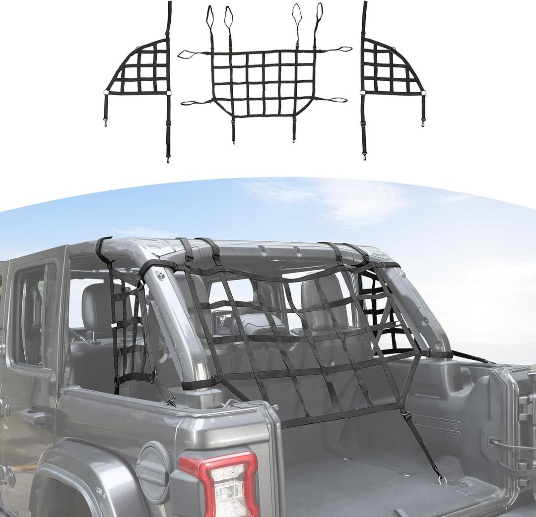 RT-TCZ for Wrangler JL Mesh Roof Top Net Restraint Luggage Rack Protective Cargo Net Trunk Net for Jeep Wrangler JL JLU 4 Door 2018 Up Unlimited Rubicon Sahara X Sport Black 3pcs
