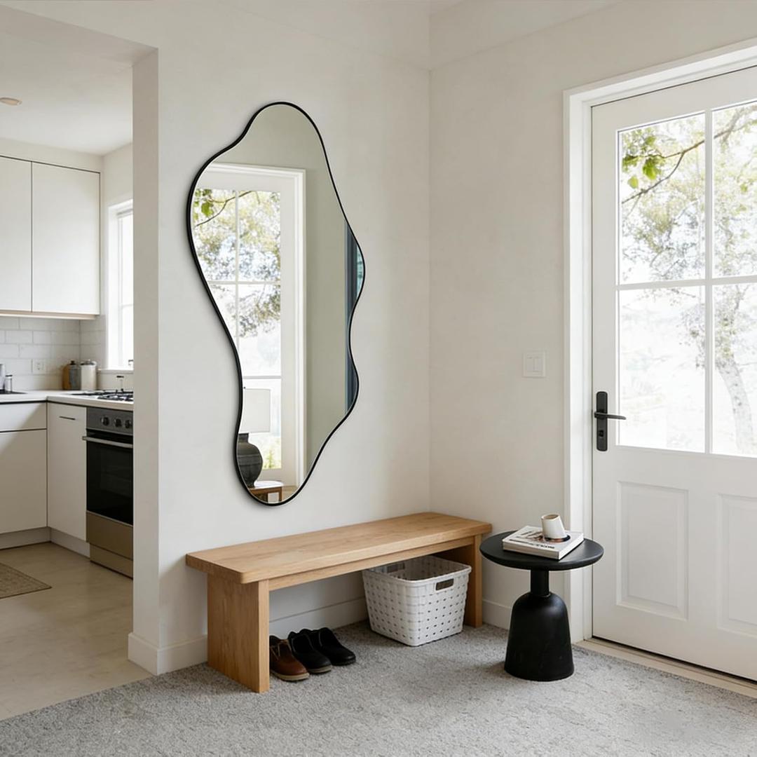 Irregular Wall Mirror, 47"x22" Asymmetrical Aesthetic Mirrors with Metal Frame, Modern Organic Shaped Mirrors for Living Room Bedroom Hallway Entryway, Horizontal or Vertical Hanging