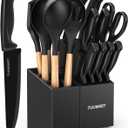 18-Piece Knife Sets for Kitchen with Block and Sharpener & Kitchen Utensils Set & Removable Utensil Holder (Black)-Precision Cutting, Effortless Sharpening, Convenient Organization