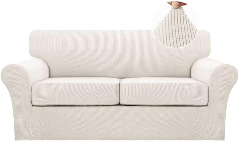 Turquoize 3 Piece Sofa Covers For 2 Cushion Couch Sofa Slipcover Soft Couch Cover For Dogs-Washable Sofa Furniture Covers With 2 Individual Cushion Covers, Feature Thick Fabric (2 Cushion Sofa, Ivory)