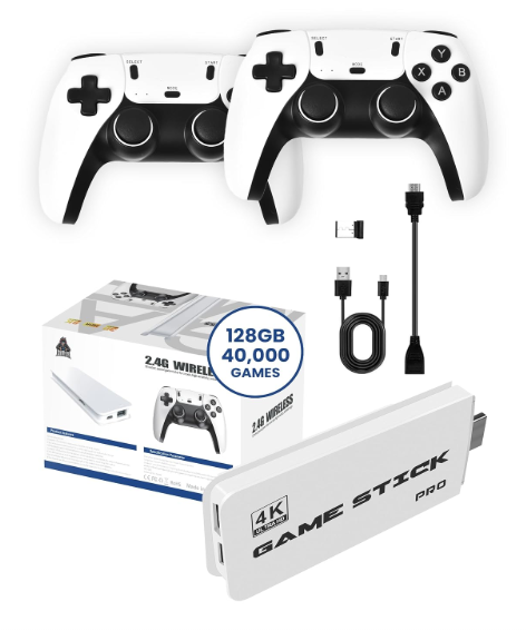 Boltz Retro Stick Gaming Stick – Retro Gaming Console with 40,000+ Classic Video Games, 9 Emulators, 128GB Storage, Plug & Play 4K HDMI Output, Includes 2 Wireless 2.4GHz Controllers