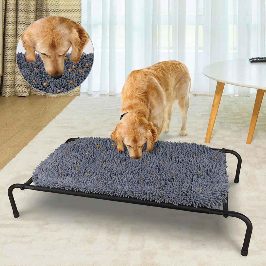 Rundik Elevated Dog Bed with Snuffle Mat Feature 2 in 1, Raised Dog Bed for Indoor and Outdoor Use Portable Warm Pet Cot with Puzzle Feeding Game for Slow Eating, Suitable for Small Medium Large Dogs (23'' x 40'')