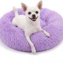 Calming Donut Dogs Beds for Small Dogs Washable,19inch Fluffy Round Puppy Bed for Puppies,Cats & Toy Breeds with Raised Rim,Fits up to 15 lbs Pets,Purple