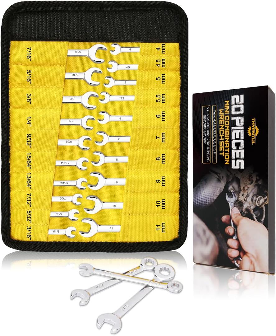 20Pcs Small Wrench Set Mini Metric & SAE Ignition Combination Wrenches With Rolling Pouch, 4-11mm & 5/32" - 7/16" (Silver)