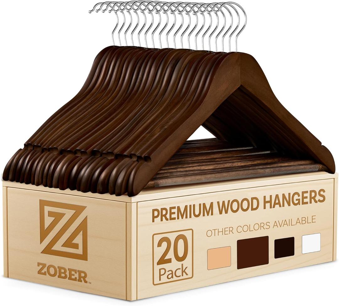 ZOBER Wooden Hangers - 20 Pack, Heavy Duty, Non Slip Wood Hangers for Coats,Suits, Jackets, & Pants - Clothes Hangers for Closet W/Bar and Notches (Vintage)