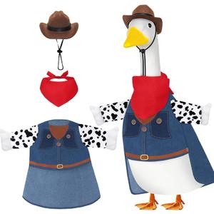 Cowboy Denim Goose Outfit for 23 Inch Lawn Goose – Western Porch Goose Clothes with Red Scarf Hat and Blue Overalls for Garden Outdoor Yard Statue Decoration