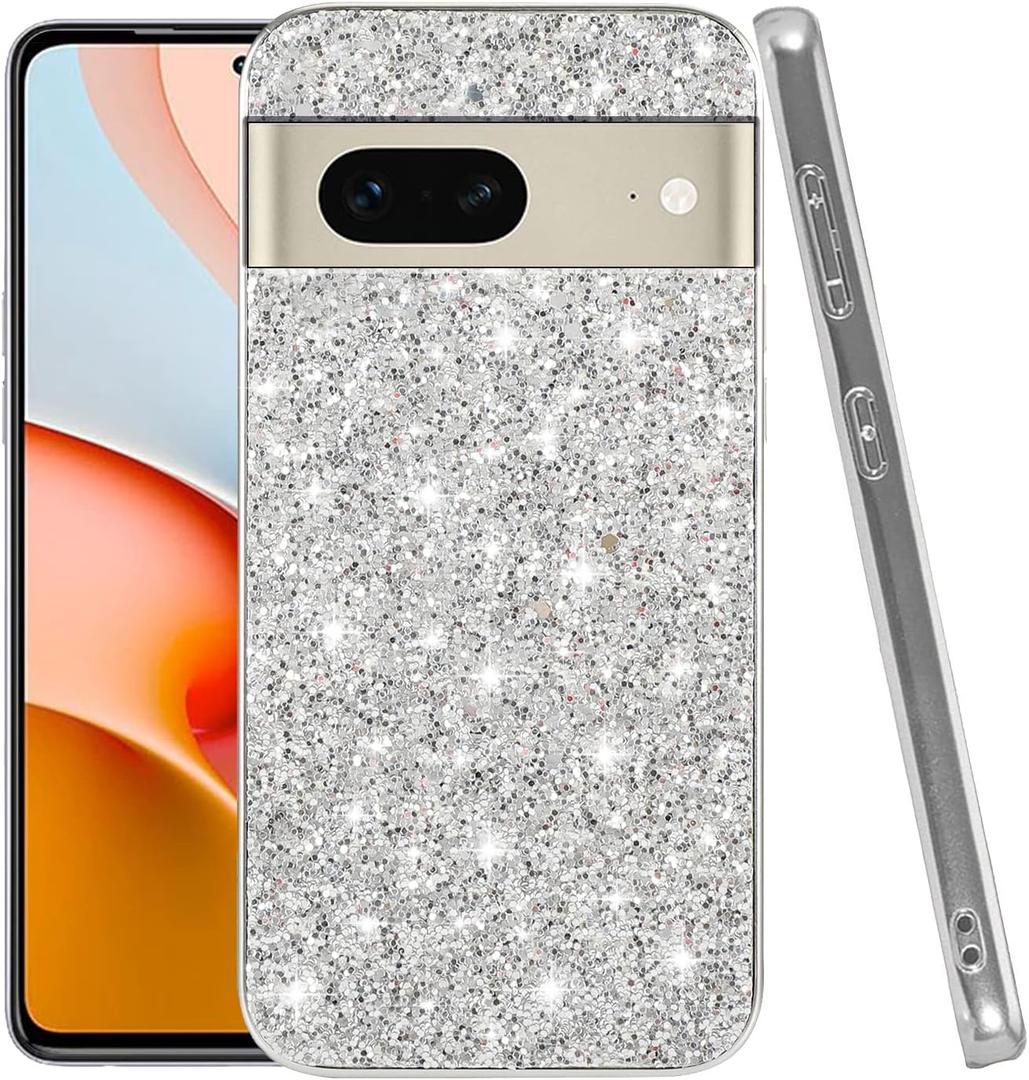 Compatible with Google Pixel 7 Case Glitter Shockproof,for Google Pixel 7 Phone Case Bling Sparkly Soft TPU and PC Silicone Shiny Girl Women Thin Protective Cover (Silver)