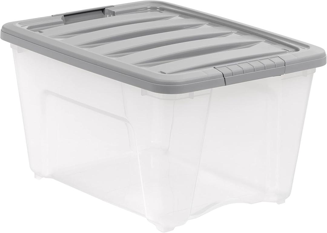 Amazon Basics Plastic Storage Containers with Secure Latching Lids, Stackable Organization Bins, 32 Quart, Set of 5, Clear/Grey Amazon Basics Plastic Storage Containers with Secure Latching Lids, Stackable Organization Bins, 32 Quart, Set of 5, Clear/Grey
