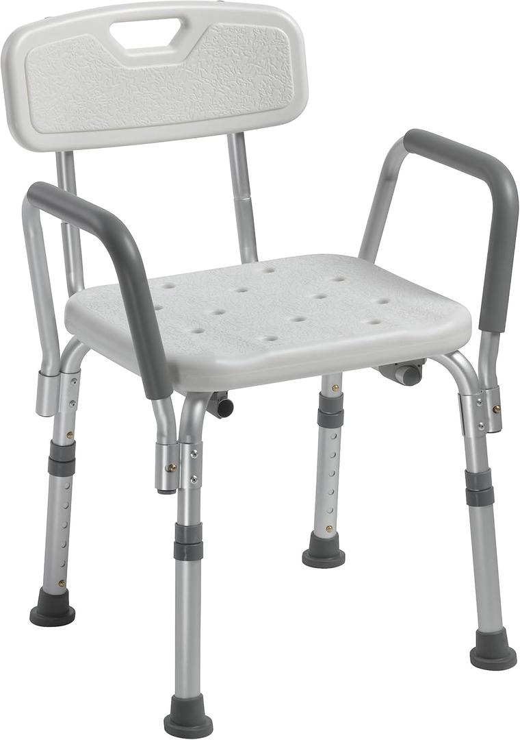 Drive Medical 12445KD-1 Shower Chair with Back and Padded Arms, Adjustable Height Bath Stool with Nonslip Feet, Tub Chair for Elderly, Bath Seat with Back, 350 LB Weight Cap, White
