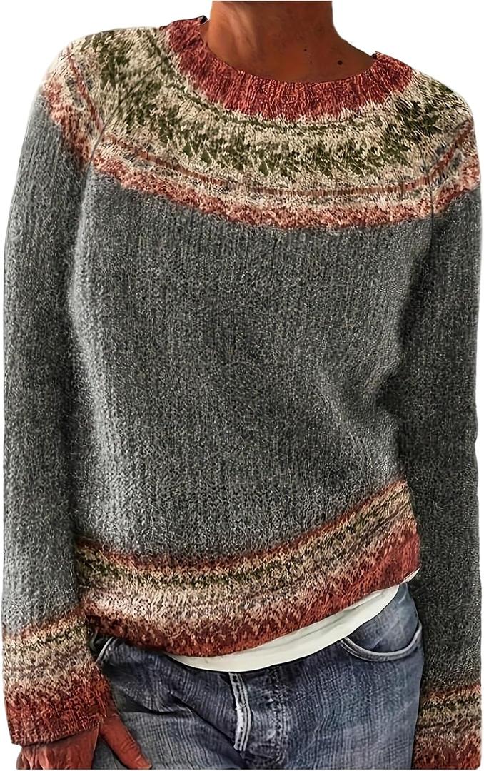 RoseSeek Women's Graphic Pullover Sweaters Crew Neck Long Sleeve Knitted Jumpers (Gray)