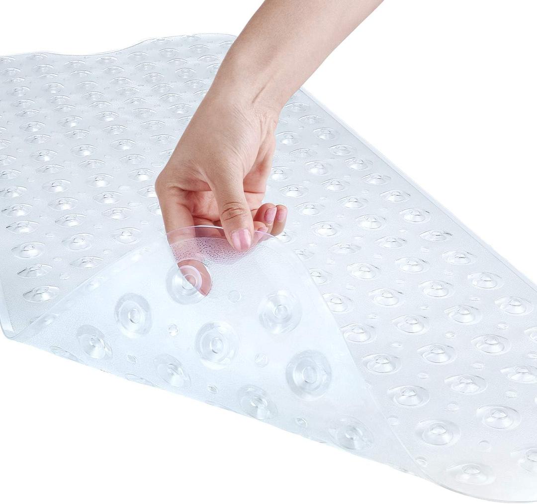Bath and Shower Safety Mats 40x16 inch, Non Slip with Suction Cups for Bathroom Stall and Tub Floor, Extra Large and Machine Washable, Drain Holes Keep Bathtub Clean