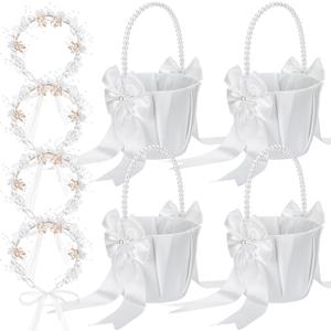 Wedding Flower Girl Basket with Headpiece Set of 4 Ivory Flower Girl Basket with Pearl Handle Ribbon Bow, Wedding Crown Princess Crystal Pearl Hair Accessories for Ceremony, Birthday Party
