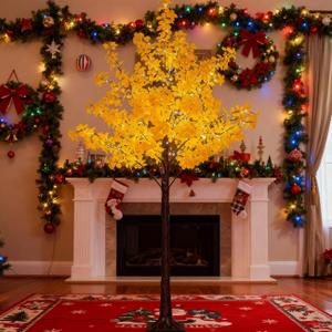 6FT 5-Leaf Lucky Tree Christmas Tree with Warm White Lights - 300 LEDs Weatherproof Indoor/Outdoor Lighted Maple Tree, 16ft Extension Cord & Stakes, 4 Dimming Modes + Timer (Yellow)