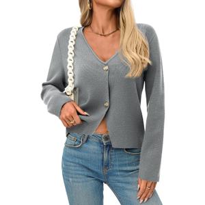 Saodimallsu Womens V Neck Cardigans Long Sleeve Button Down Cropped Knit Trendy Front Slit Dressy Casual Fall Sweater Blazers (Small, Gray)