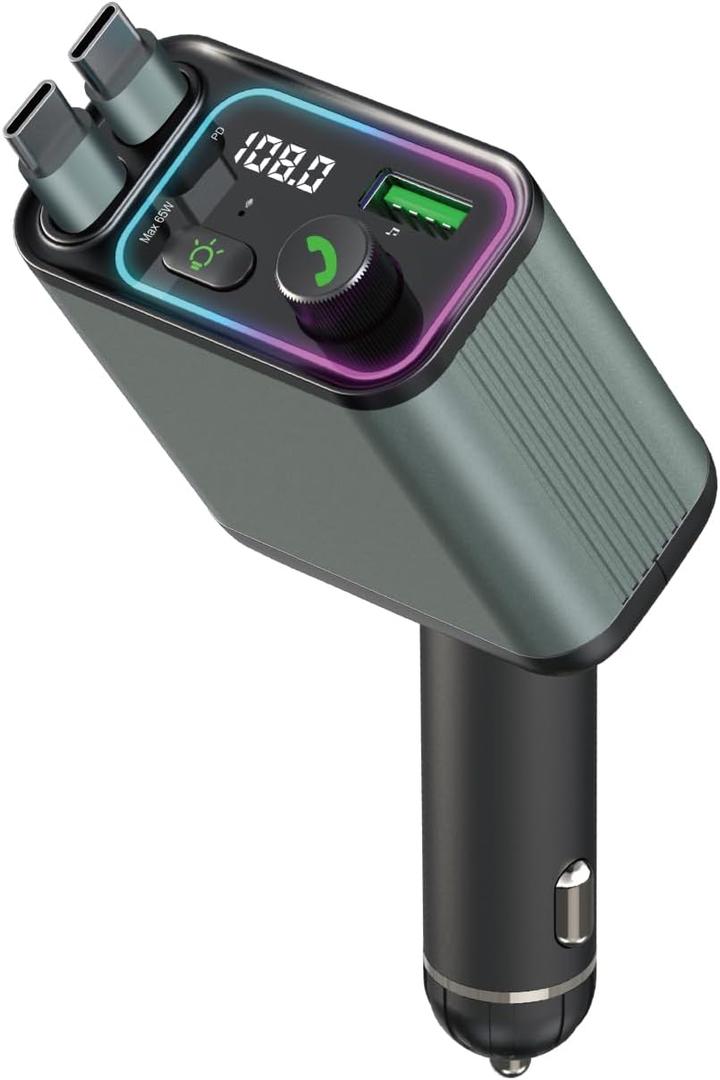 3 in 1 Retractable Car Charger Adapter & FM Transmitter Bluetooth Mp3 Player- Max 65W + 18W with 2 PD Fast Charging,2 Retractable Cables & USB-A Music Playback for iPhone,iPad,Samsung,Pixel