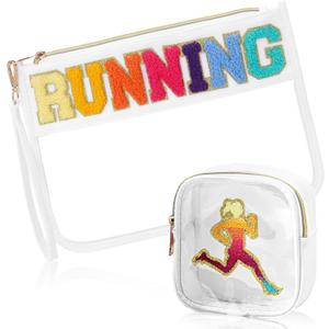 Reginary 2 Pcs Running Makeup Cosmetic Bags Gift for Women Chenille Letter Clear Zipper Pouch Sport Run Snack Bags Multi-purpose Toiletry Purse for Runners Cross Country Marathon Track and Field Lover