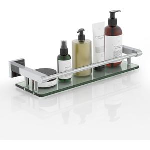 Glass Shelves for Wall, Chrome Stainless Steel & Tempered Glass Glass Shelf for Bathroom, Shelf Sink Over Toilet Bathroom Organizer (16-inch, Polished) (16 with Railing)