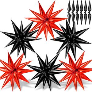 74 PCS Black Red Star Balloons - 26 Inch Foil Explosion Metallic Balloons Large Spike Balloon for Birthday Halloween Graduation Anniversary Party Decorations