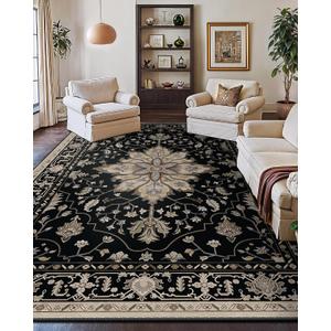 RELEANY Area Rugs 10'x14' Washable Non-Slip, Floral Vintage Distress Print Pattern Medallion Carpet for Living Room Bedroom Dining Room, Black Brown Neutral Dark Tan