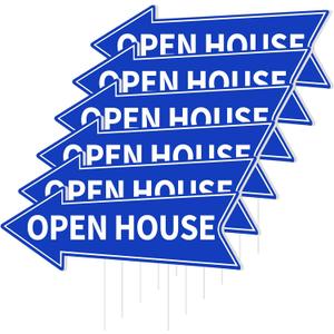 6PCS Open House Signs with Stakes Double Sided Blue Open House Directional Arrow Signs for Real Estate 16 x 5'' Corrugated Plastic Waterproof Yard Sign for Property Sale Transaction Event Arrows Sign