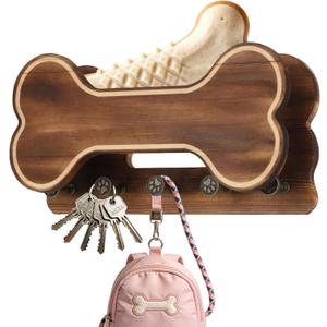 Doggie Bone Key Holder Wall Mount, Rustic Wooden Dog Leash Holder with 5 Hooks, Dog Stuff Storage Shelf, Pet Accessories Organizer for Entryway, Living Room, 11.8 x 6.1 x 3.1 in