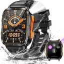 Military Smart Watch for Men with LED Flashlight/UV Light 3ATM Waterproof 1.96" Big Screen Rugged Tactical Smartwatch with Text and Call Fitness Tracker with HR/Sleep Monitor for iPhone Android (Black Orange)