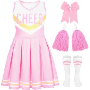 Cheerleader Costume for Girls Cheerleader Outfit for Kids Cheerleading Dress with Pom Poms for Halloween Dress Up (Pink, M)