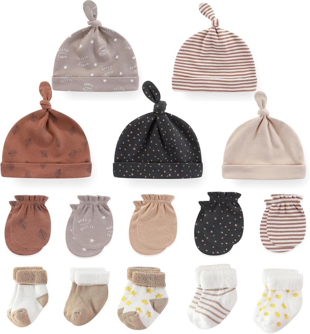 MAMIMAKA Newborn Baby Boy Girl Caps Mittens Socks Set Cotton Baby Essentials Accessories (Hats+Gloves+Socks) (0-6 Months, Set-12 Coffee/Brown/Khaki)