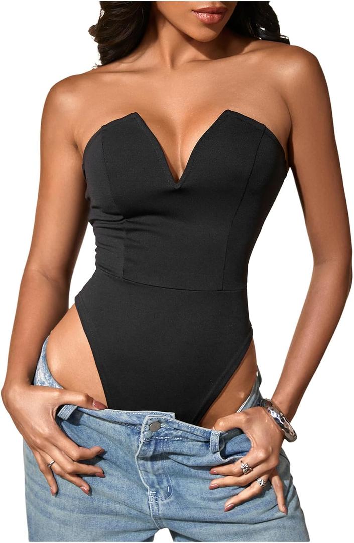 Milumia Women's Strapless Deep V Neck Bodysuit Sexy Backless Slim Fitted Tube Tops (Large, Black)