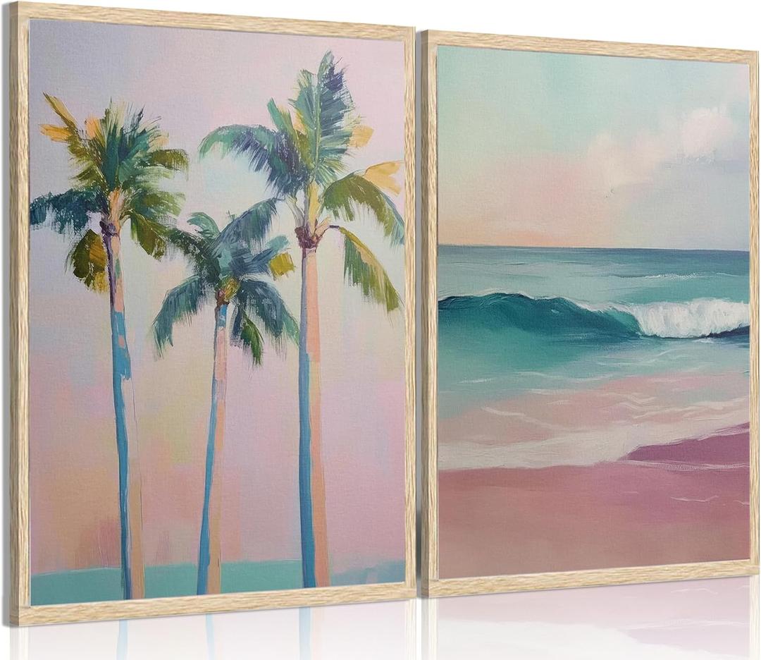2Pcs Pink Beach Canvas Wall Art, Peach Palm Tree Canvas Print Wall Decor Preppy Prints Artwork Painting Beach Decoration for Gallery Living Room Bedroom, Unframed (16x24inch) (24L" x 16W")