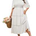 SCOMCHIC Women's Plus Size Maxi Dress Casual Crewneck Smocked Boho Elegant Hollow Out Summer Wedding Guest Dresses White (XL)