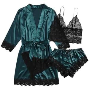 WDIRARA Women' Silk Satin Pajamas Set 4pcs Lingerie Floral Lace Cami Sleepwear with Robe M/L