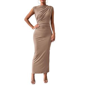 BTFBM Women's Ruched Bodycon Dress Summer Casual Sleeveless Lightweight Back Slit Elegant Club Party Cocktail Maxi Dresses S, Khaki