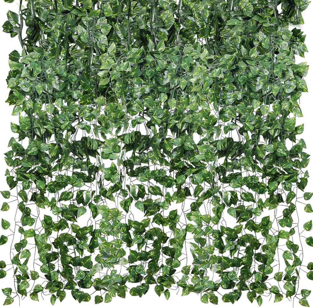 CEWOR 48 Pack 7 Feet Artificial Ivy Garlands, Fake Vines Greenery Hanging Plants Green Leaves Backdrop for Room Bedroom Wall Decor, Jungle Themed Party Wedding Decorations