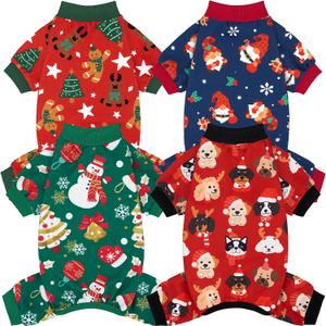 XPUDAC 4 Pack Dog Christmas Pajamas Stretchy Dog Clothes for Small Medium Dogs Girl Boy Christmas Puppy Outfit Pet Jumpsuits Pjs Winter Cat Costume, XS