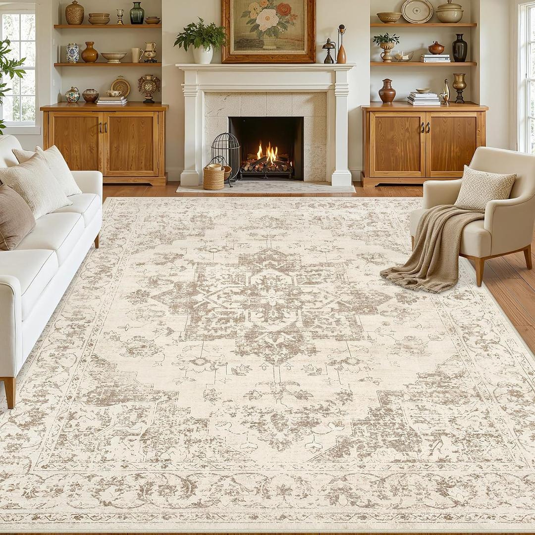 Area Rugs 9x12 Living Room: Bedroom Washable Carpet Beige/Ivory