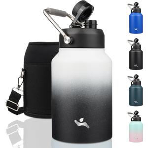 Konokyo Half Gallon Jug with Handle,64 oz Insulated Water Bottle with Carrying Pouch,Double Wall Vacuum Stainless Steel Metal Bottle,Day Night
