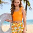 GEMLON Girls Tankini Swimsuit Solid Tank Top with Tropical Printed Shorts 2 Piece Girls Bathing Suits Size 15-16Y (Orange)