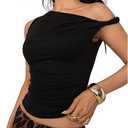 Milumia Women's Twisted Asymmetrical Neck One Off The Shoulder Tank Top Ruched Summer Going Out Crop Tops (L, Black)