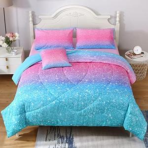 JQinHome Glitter Comforter Set Twin Size, 6 Piece Bed in A Bag 3D Colorful Duvet Pink Blue Bedding Sets for Girls Kids - (1 Comforter, 2 Pillowcases, 1 Flat Sheet, 1 Fitted Sheet, 1 Cushion Cover)