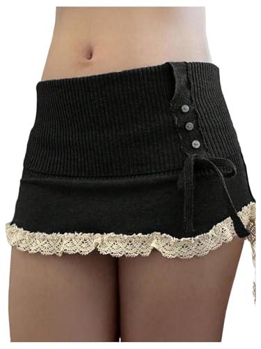 GORGLITTER Women's Lace Bodycon Mini Skirts Y2k Bow High Waisted Color Block Sweater Knit Pencil Skirts Black Small