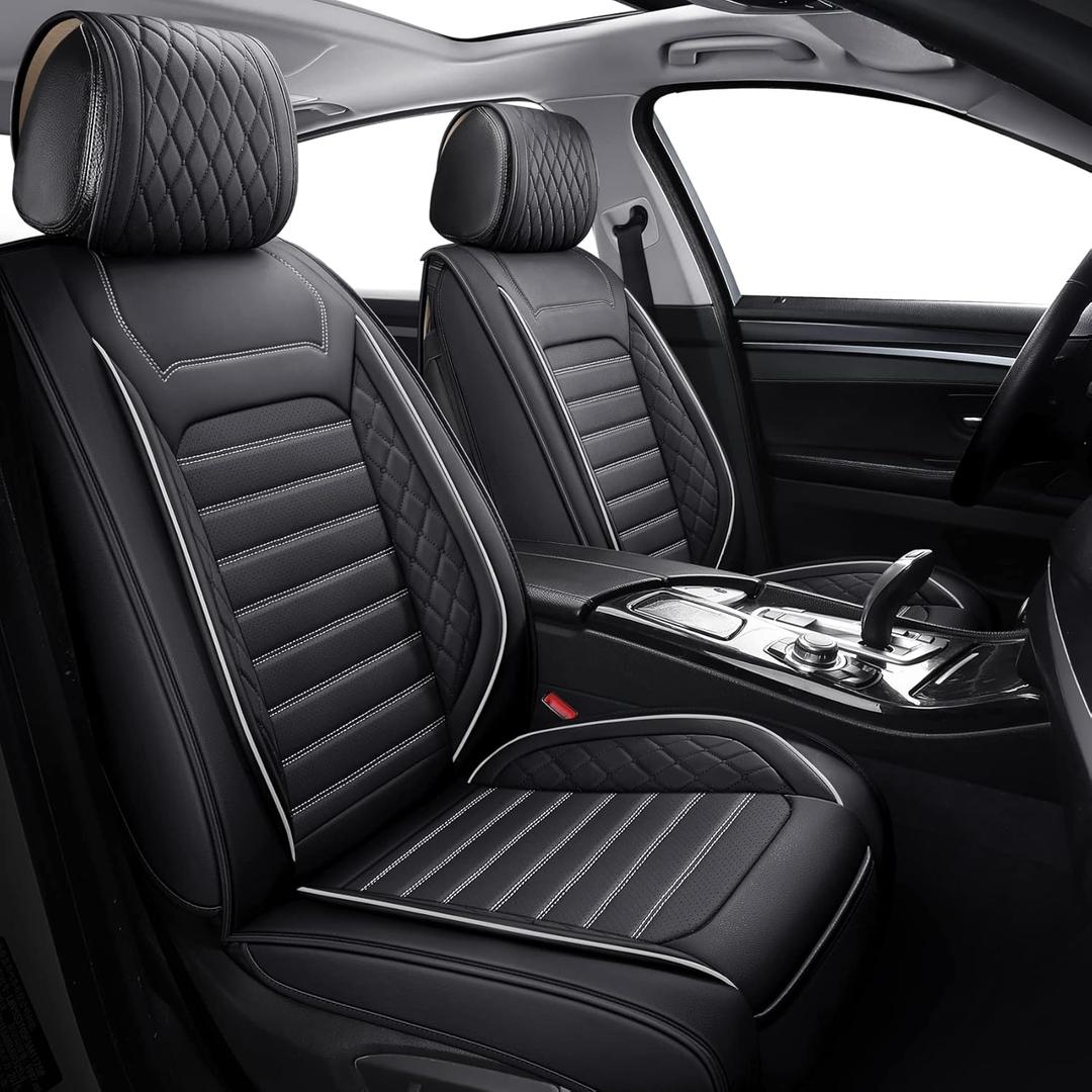 Aierxuan Leather Car Seat Covers Waterproof Universal Fit for Honda Hyundai Sonata Kona Accent Ford Fiesta Focus Buick Encore Mazda Mitsubishi with Split Bench 40/60(Full Set/Black-White A)