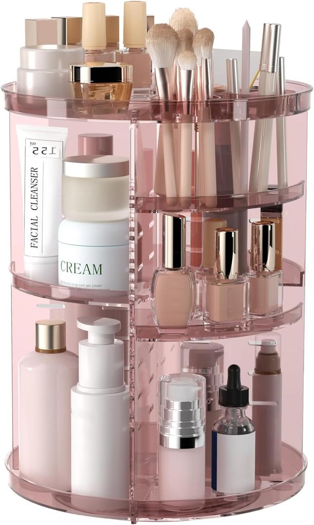 Rotating Makeup Organizer, DIY 8 Adjustable Layers 360 Spinning Skincare Organizers, Makeup Storage Carousel Tower with Brush Holder & Perfume Trays, Cosmetic Display Case for Vanity Bathroom (Clear Pink)