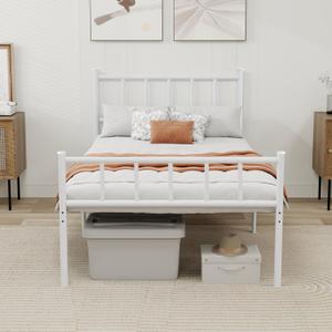 Metal Platform Twin Bed Frame with Headboard Sturdy Steel Slats Support No Box Spring Needed Easy Assembly White