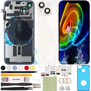 Back Screen Glass Replacement Compatible with iPhone 14 All Carriers 6.1" + Pre-Installed Plate + Wireless Charging Coil Flex Cable + Microphone + Flashlight + Camera Frame (Starlight)