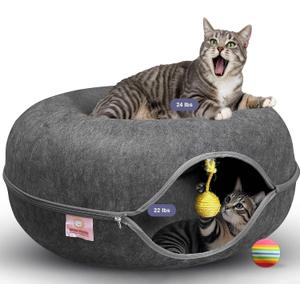 MeowMates Peekaboo Cat Cave Donut Bed for Multiple Cats Upto 45lbs, 3-in-1 Large Cat Tunnel & Donut Bed Combo w Round Tunnel Scratcher for Indoor Cats, Hanging Toy, Washable & Detachable - Dark Grey